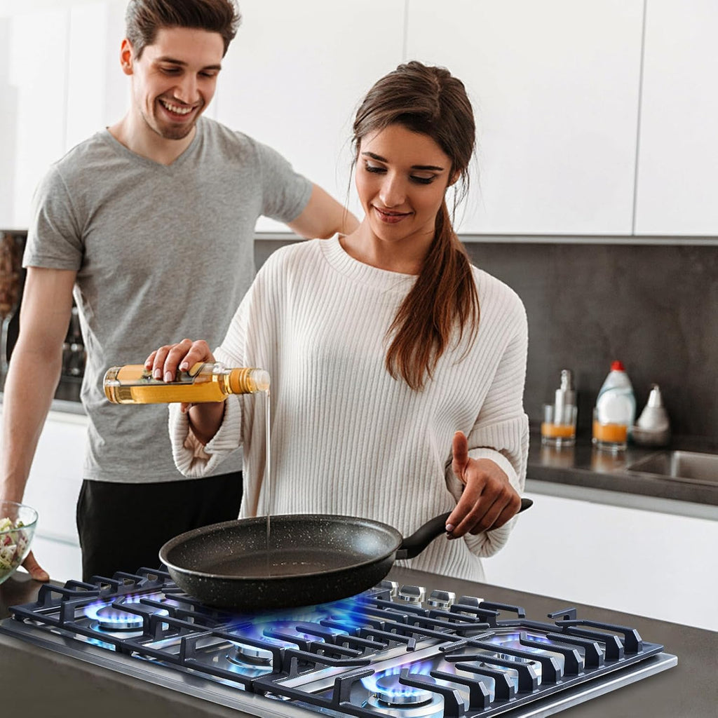 AMZCHEF 30 inch Gas Cooktop with 5 Made in Italy SABAF Power Burners,Max 48300 BTU/hr Built-in Gas Stove top of 304 Stainless steel with Double Sided griddle,NG/LPG Convertible,ETL.