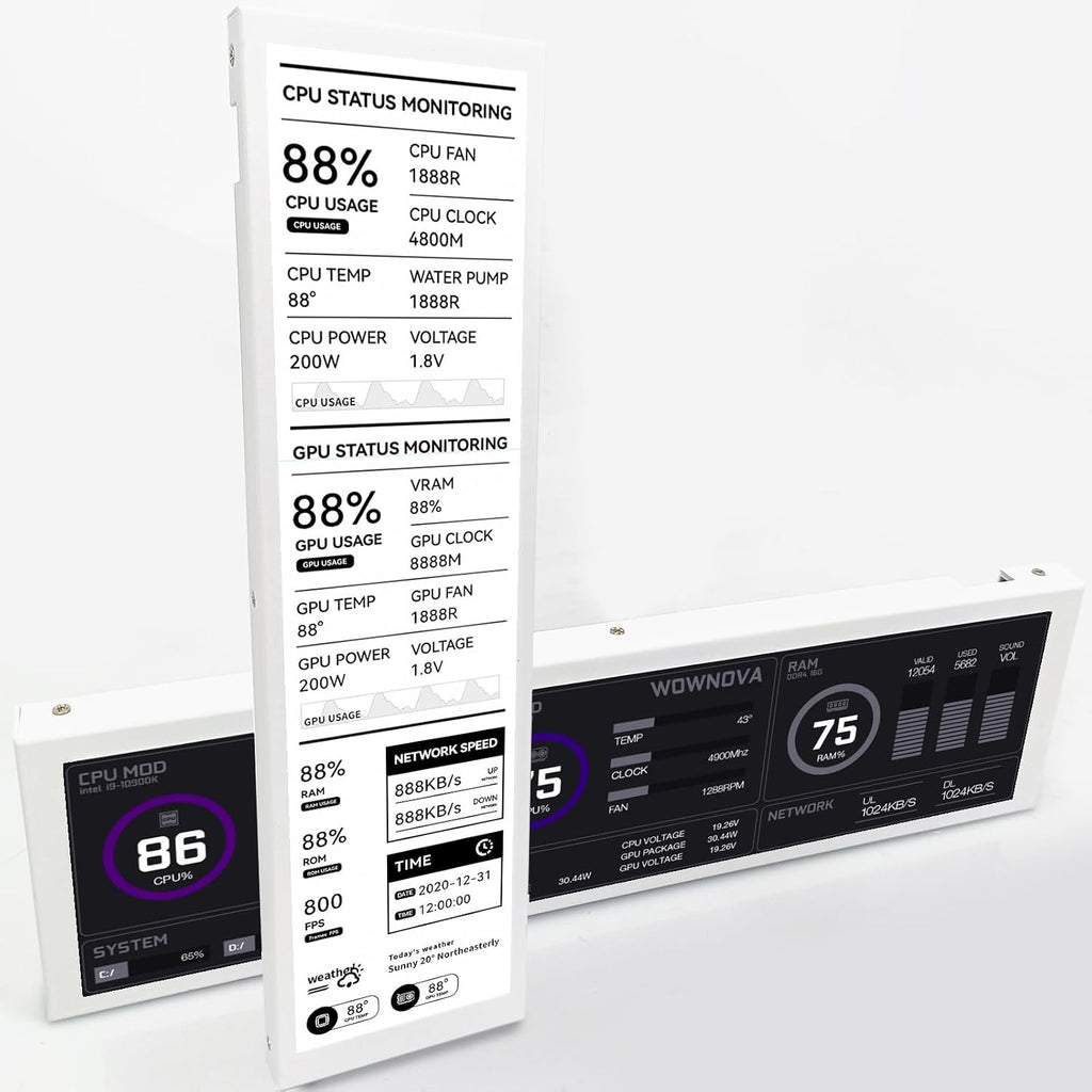 WOWNOVA 8.8' Computer Temp Monitor (Dynamic Theme Supported), 1 Click 1 Cable to Get Started Quickly PC Temperature Display Sensor Panel IPS Mini Secondary Screen CPU RAM HDD Data FPS Monitor (White)