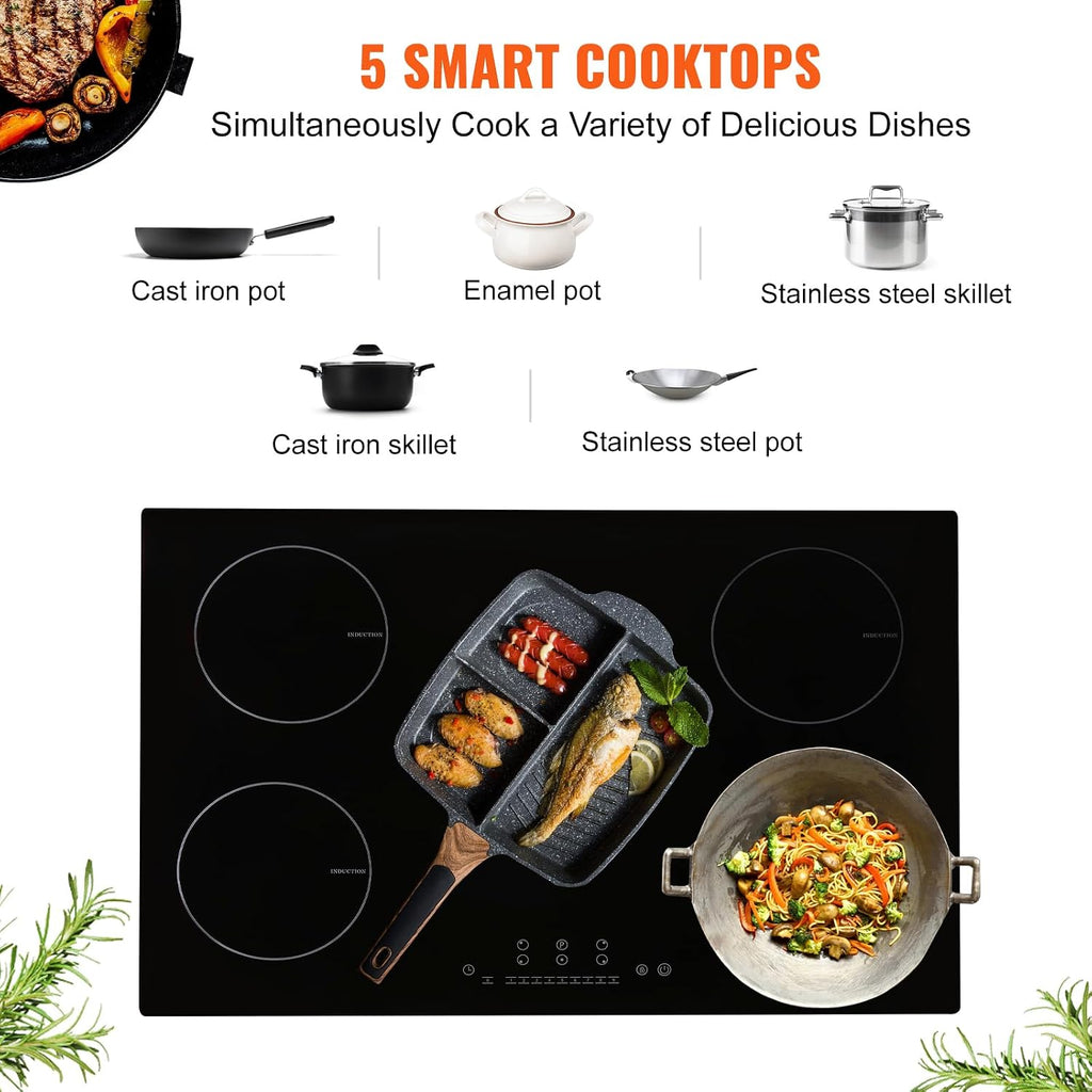 Happybuy Electric Cooktop, 5 Burners, 30'' Induction Stove Top, Built-in Magnetic Cooktop 9200W, 9 Heat Levels, LED Touch Control with Child Lock & Overheat Protection