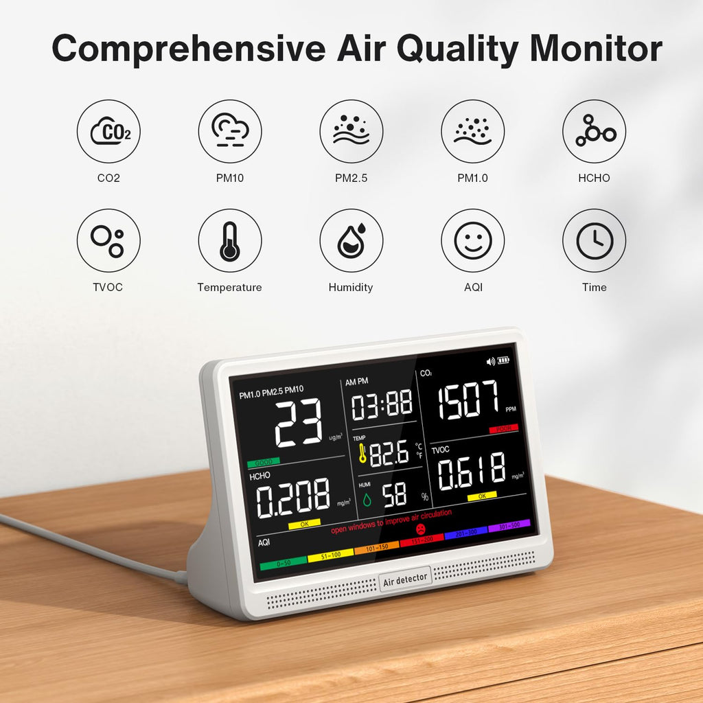 Upgrade Extended 12-Hour Battery Life 16 in 1 Air Quality Monitor Indoor with 7' Display, Professional Air Quality Meter for CO2, TVOC, PM2.5, PM1.0, PM10, HCHO, Temperature, Humidity, AQI & Time