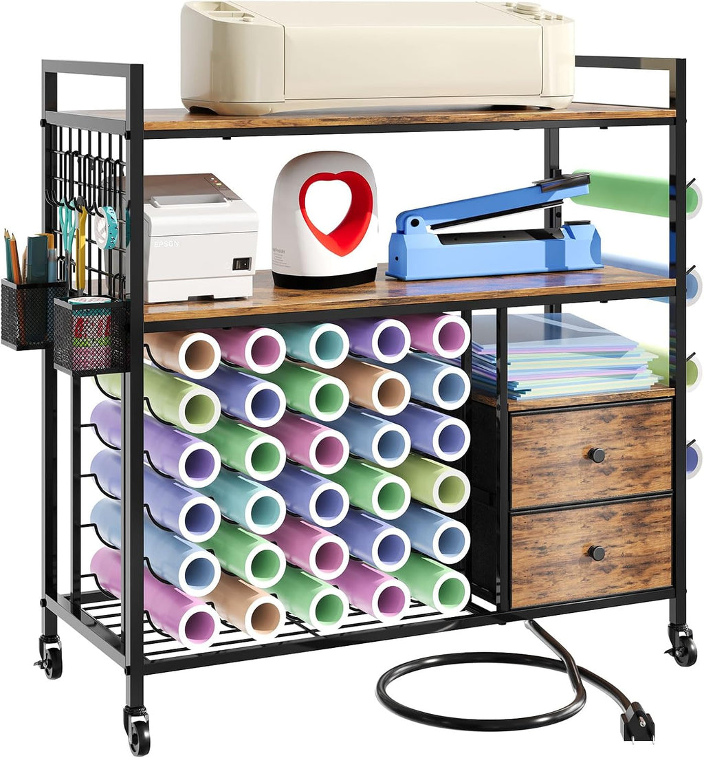 HavenlyYouth Craft Cart Compatible with Cricut Machine, Large Cricut Table with 34 Vinyl Roll Holder, 2 Drawers and Charging Station, Craft Storage Cabinet Craft Workstation