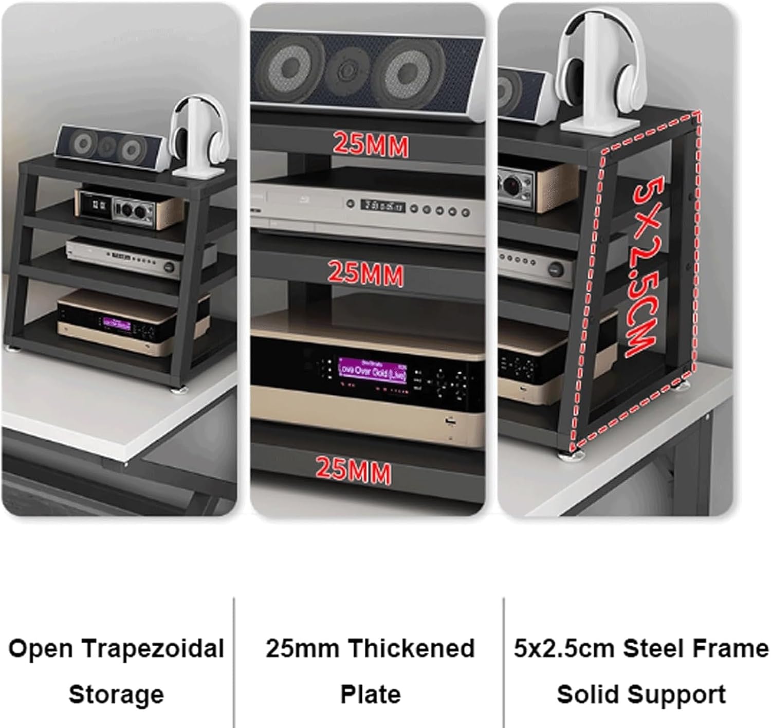 Audio Rack 2/3/4 Tier Stereo Rack Audio Equipment Rack Wooden Audio Rack Cabinet Open Trapezoidal HiFi Rack Strong Stereo Shelf(Nero,40x35x23cm)