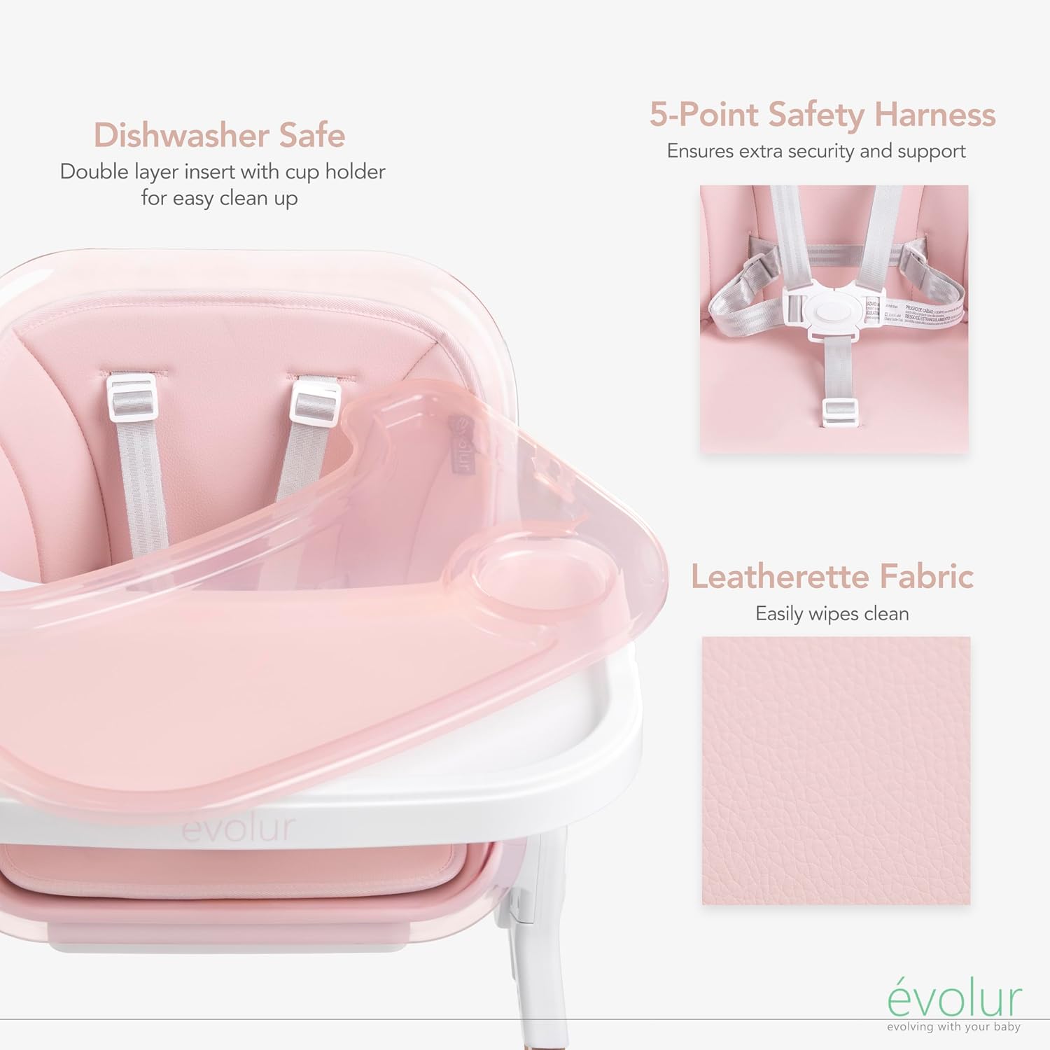 Evolur Tiny Throne 3-in-1 Convertible High Chair, Removable & Dishwasher Safe Tray, Converts to Booster Seat & Adult Stool, Easy-to-Clean Feeding Solution – Grapefruit Pink