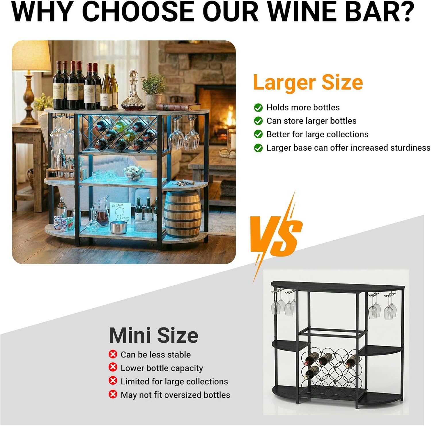 Unikito 4-Tier Metal Coffee Bar Cabinet with Outlet and LED Light, Freestanding Floor Table for Liquor Glass Holder Wine Rack Storage, Bakers Kitchen Dining Room, White Oak