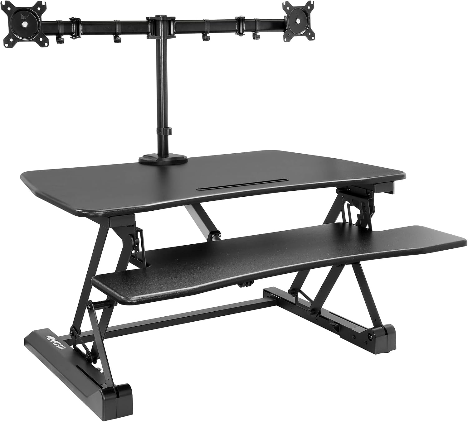 Mount-It! Electric Standing Desk Converter with Dual Monitor Arms for 2 Screens (Max 32'), Large 35.4' Wide Desktop, Motorized Stand Up Desk Riser, Keyboard Tray, USB, Black Stand up Desk Convertor