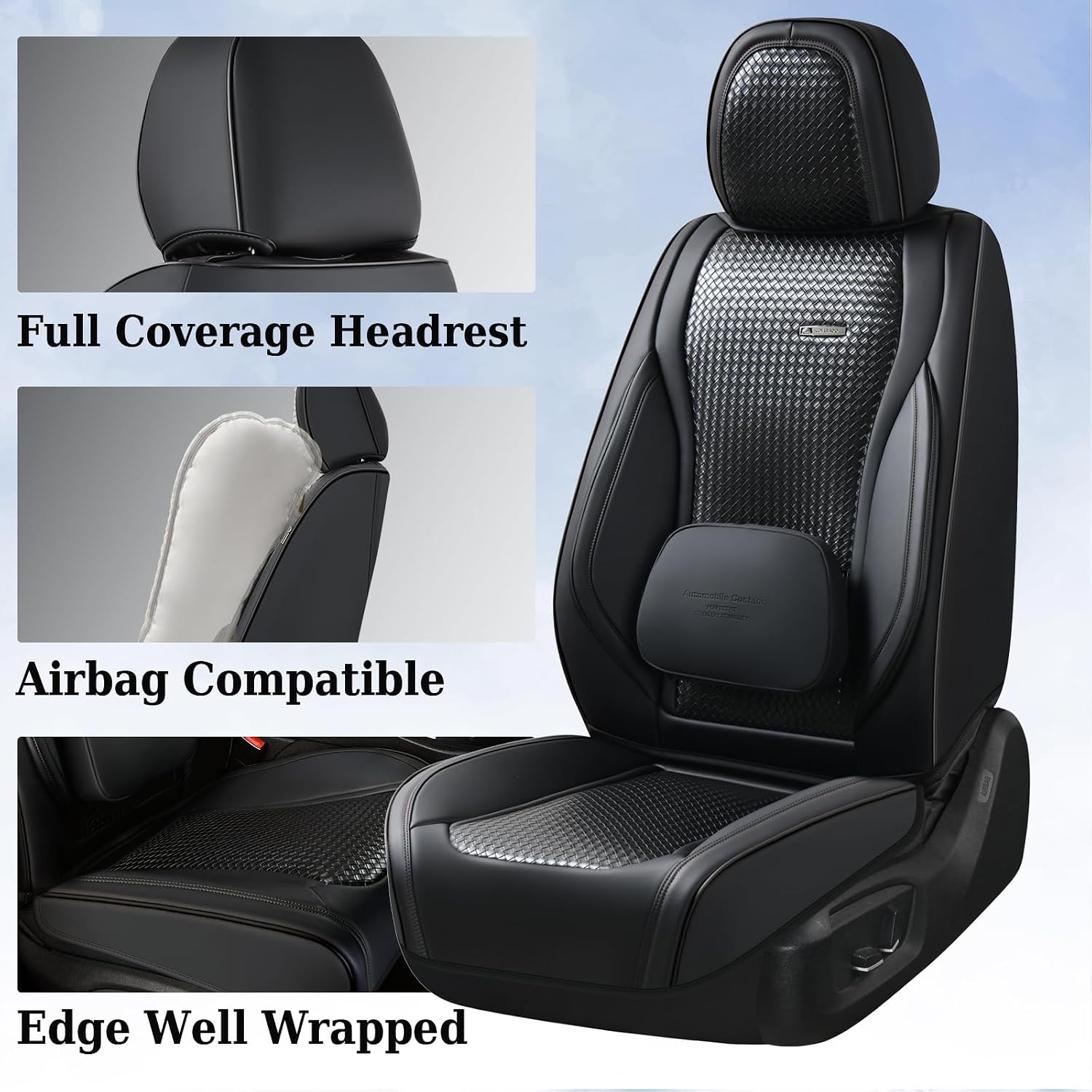 Coverado Car Seat Covers Full Set, Black Seat Covers for Cars, Waterproof Nappa Leather Automotive Seat Covers with Lumbar Head Pillow, Car Seat Protectors, Universal Fit for Most Cars SUV