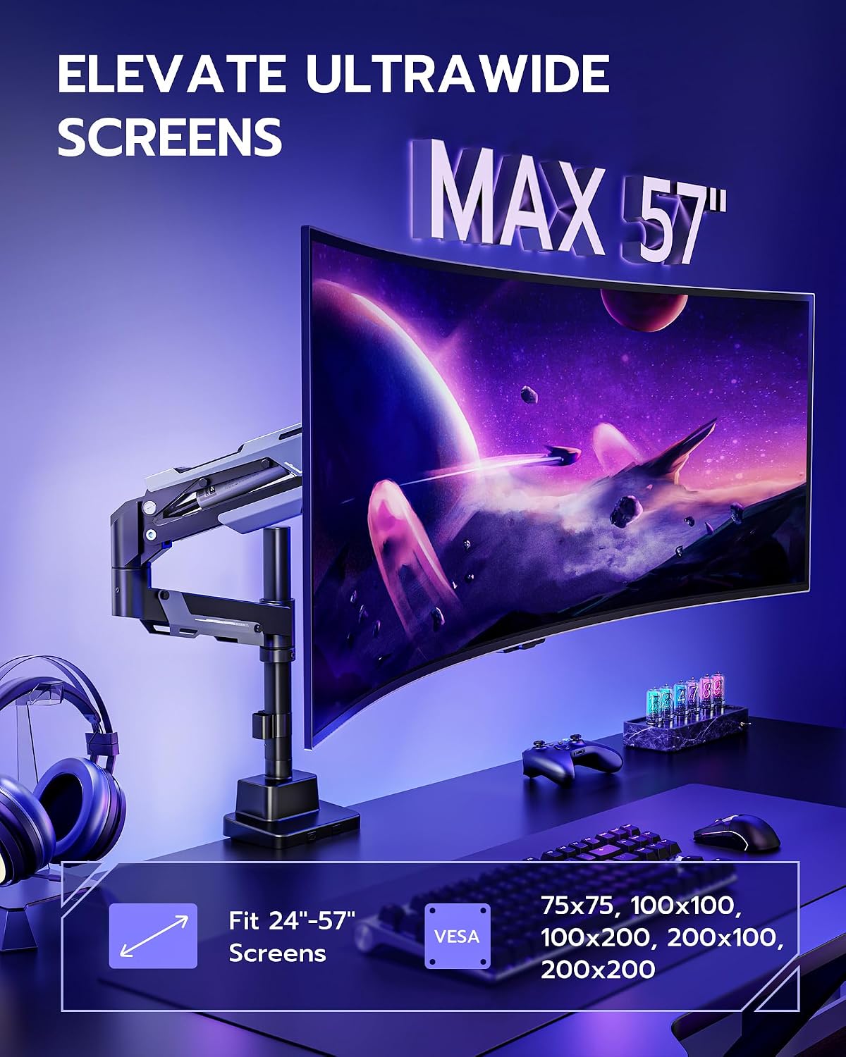 ARES WING CoreArm Single Monitor Mount, Ultrawide Monitor Arm for 24 to 57'' Heavy Duty Curved Screen, Adjustable Gas Spring Monitors Arm Stand up to 66LBS with 75/100/200 Vesa Mount, Black