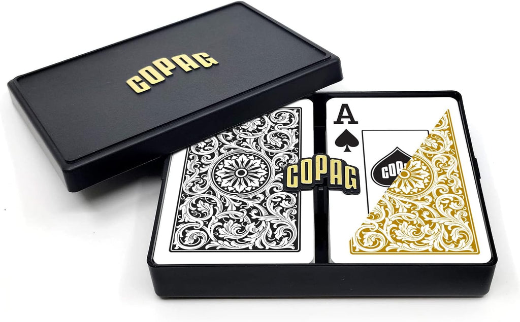 Copag 1546 Design 100% Plastic Playing Cards, Bridge Size (Narrow) Black/Gold (Jumbo Index, 6 Sets)