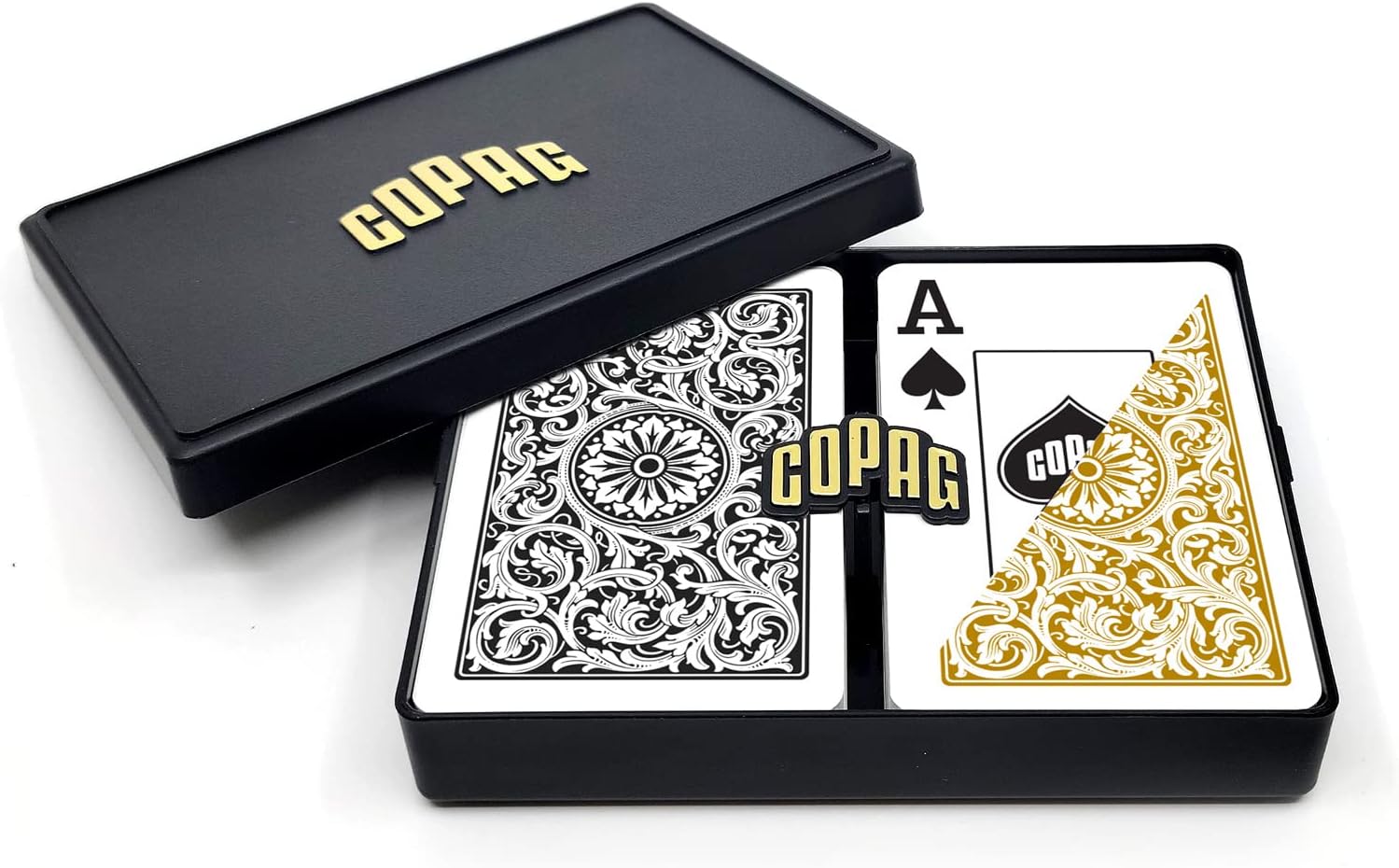 Copag 1546 Design 100% Plastic Playing Cards, Bridge Size (Narrow) Black/Gold (Jumbo Index, 6 Sets)