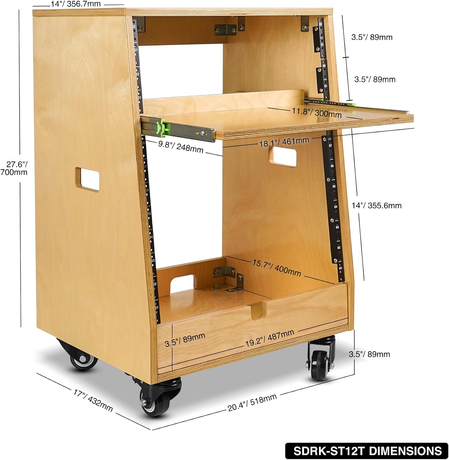 Sound Town DIY Slanted 12U Studio Rack (4U Top + 8U Lower), with 2U Bottom Storage, Slide-Out Tray, Caster, Plywood, Golden Oak for Recording Room, Home Studio (SDRK-ST12T)