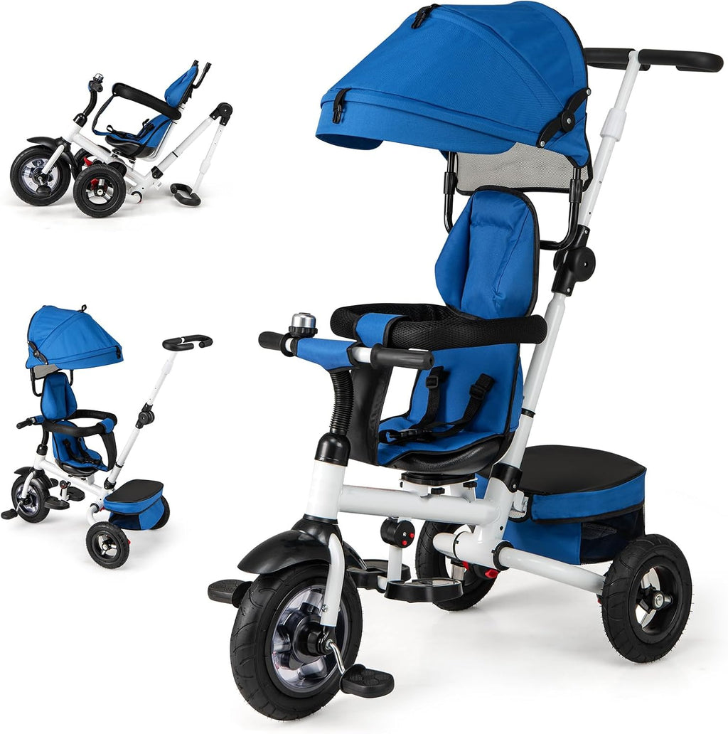 HONEY JOY Tricycle, 5-in-1 Folding Baby Trike Stroller w/Adjustable Handle & Canopy, Reversible Seat, Safety Belt, Folding Pedal, Bell, Storage, Push Tricycle for Toddlers 1-5 Years Old (Blue)