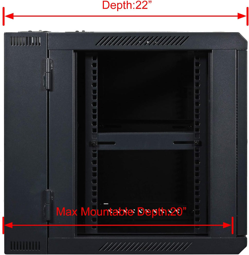 AEONS 9U Professional Wall Mount Server Cabinet Enclosure Double Section Hinged Swing Out 19-Inch Server Network Rack with Locking Glass Door Black (Fully Assembled)