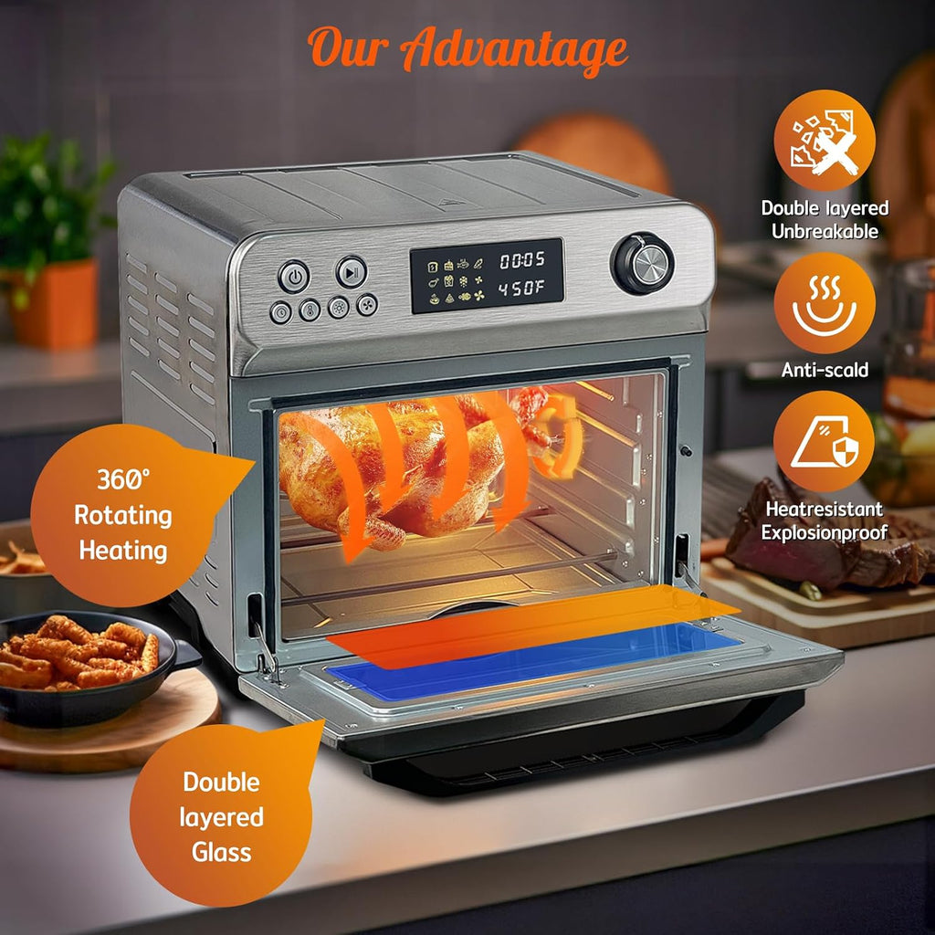 HYSapientia® 26QT Stainless Steel Air Fryer Oven, Large Capacity 10-in-1 with Rotisserie, Full Accessory Set, 1800W