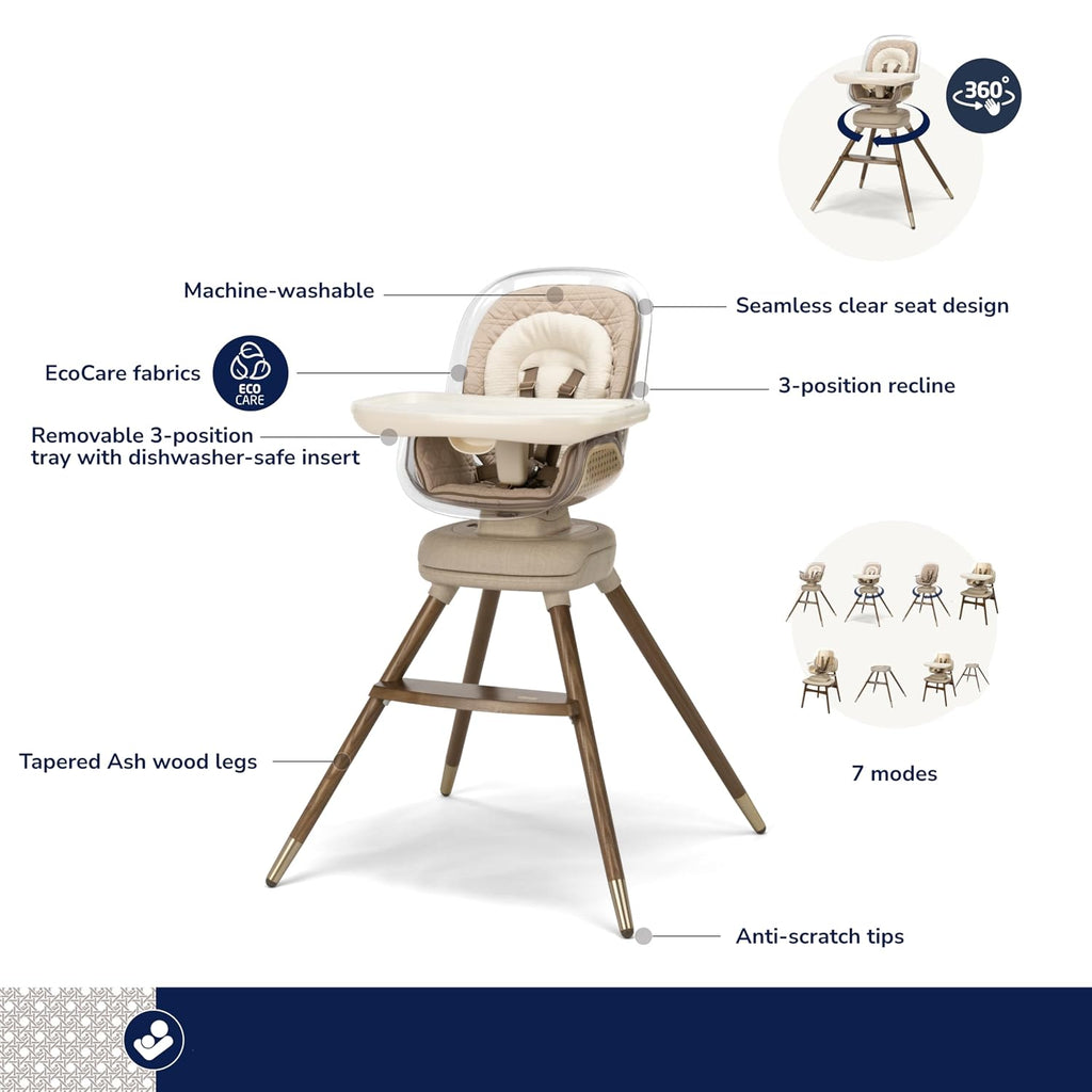 Maxi-Cosi Kiskadee 360 Rotating High Chair, 7 Modes, Infant to 5 Years up to 50 lbs, ClipQuik Magnetic Clip, 3-Position Tray, Washable Pad, Infant Recline, Booster Seat, Child Stool, Natural Heritage