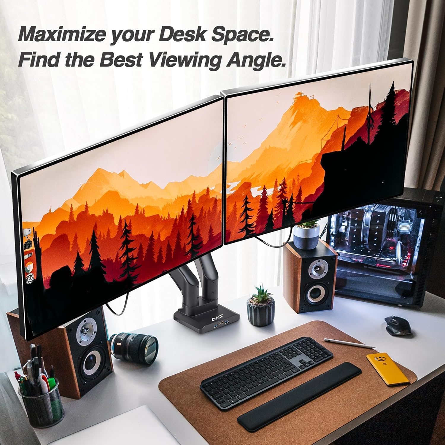AVLT Dual Monitor Arm Desk Mount for 13'–43' Flat/Curved Screens with USB-A Pass-Through, Full Motion Height Adjustable Swivel Tilt Rotation VESA/C-Clamp/Grommet/Cable Management, Black