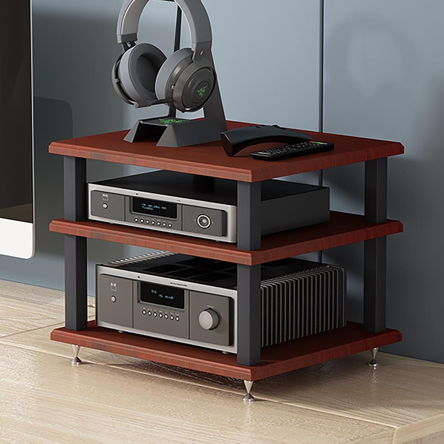 Portable AV Component Stand, Media Storage Rack, Audio Tower Shelf, Metal Carbon Steel Frame for Desktop, Entertainment Center, Stereo Rack, 9.8in Height (Brown)