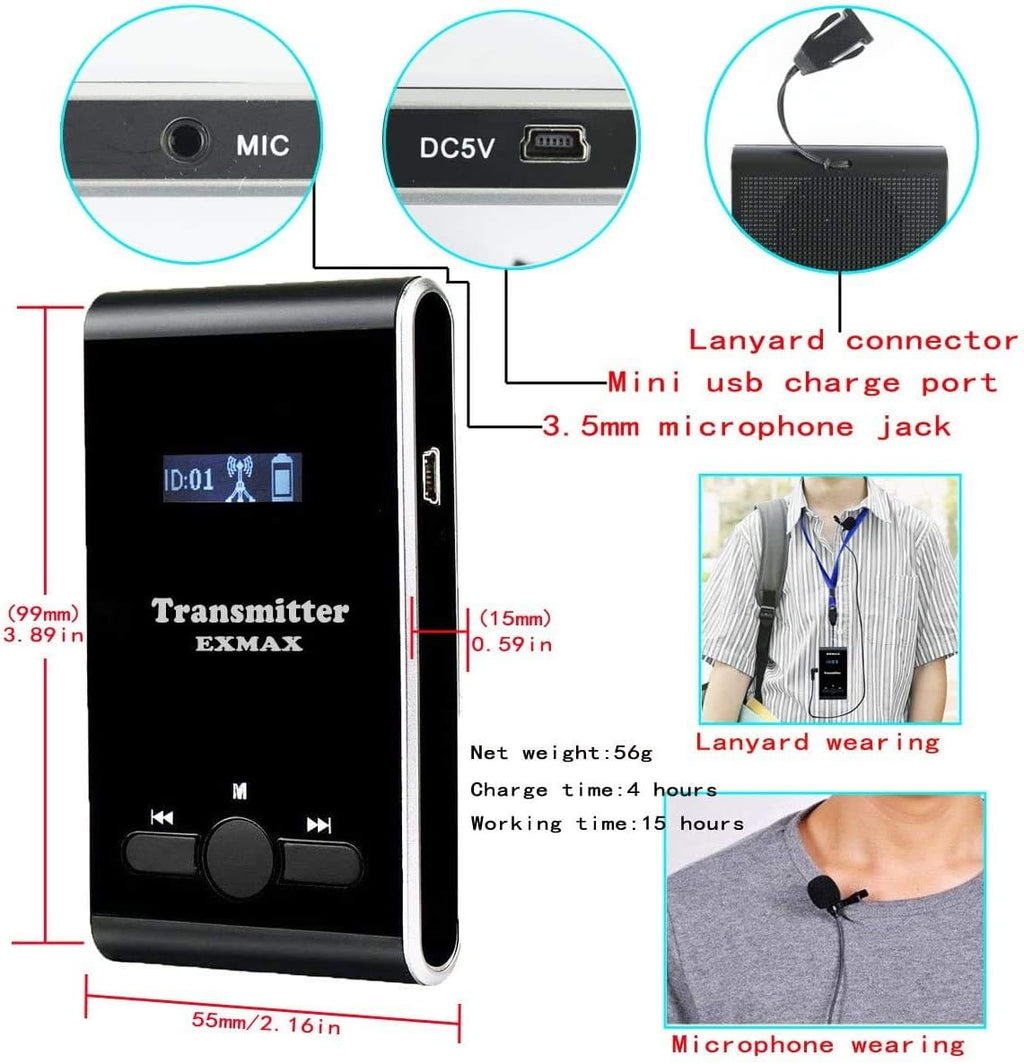 EXMAX Wireless Audio Voice Transmission System ATG-100T 195MHz Interpretation Devices for Tour Guide Teacher Presenter Interpreter(2 Transmitters & 25 Receivers + Aluminium Alloy Charge Case)