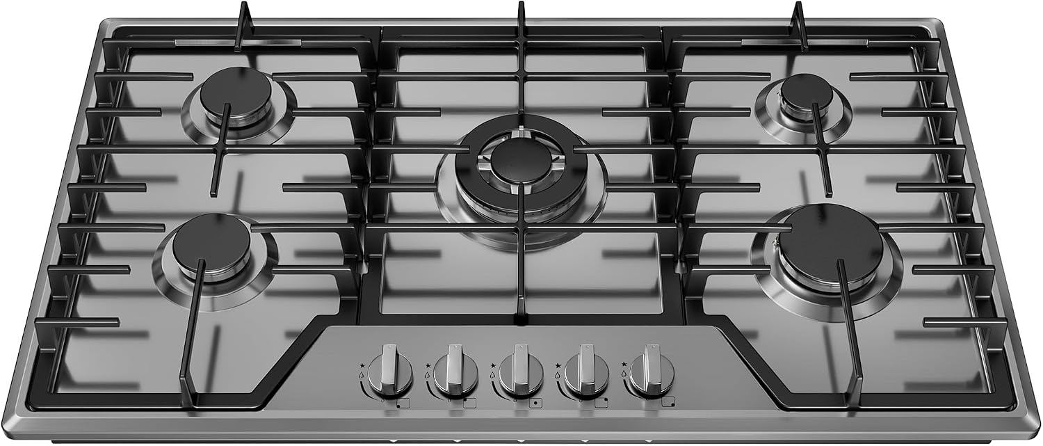 36 Inch Gas Cooktop Stainless Steel with 5 Sealed Burners, Drop-in Stovetop with Cast Iron Grates, NG/LPG Convertible, 38000 BTU