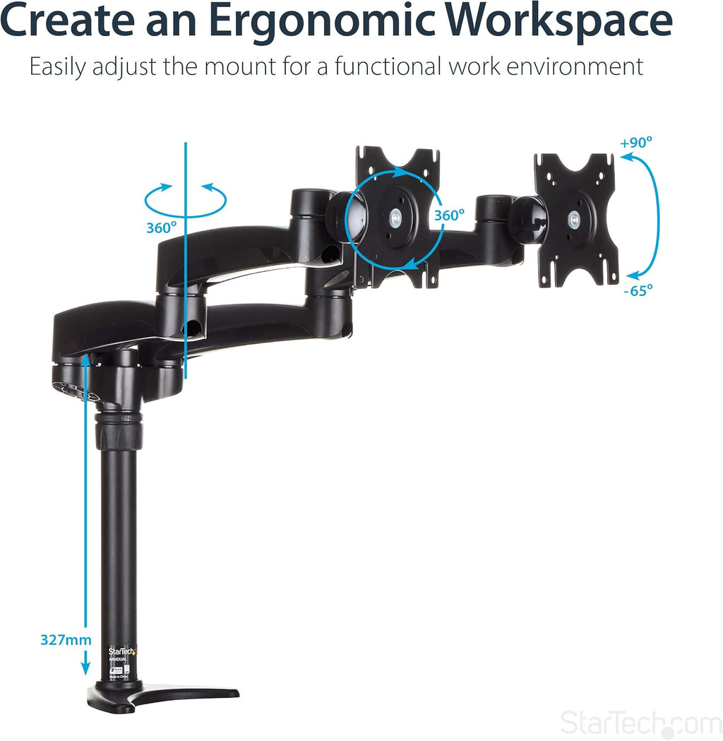 StarTech.com Desk Mount Dual Monitor Arm - Articulating - Supports Monitors 12'' to 24' (29.9lb/13.6kg) - Adjustable VESA Monitor Arm - Grommet or Desk Mount - Black (ARMDUAL)