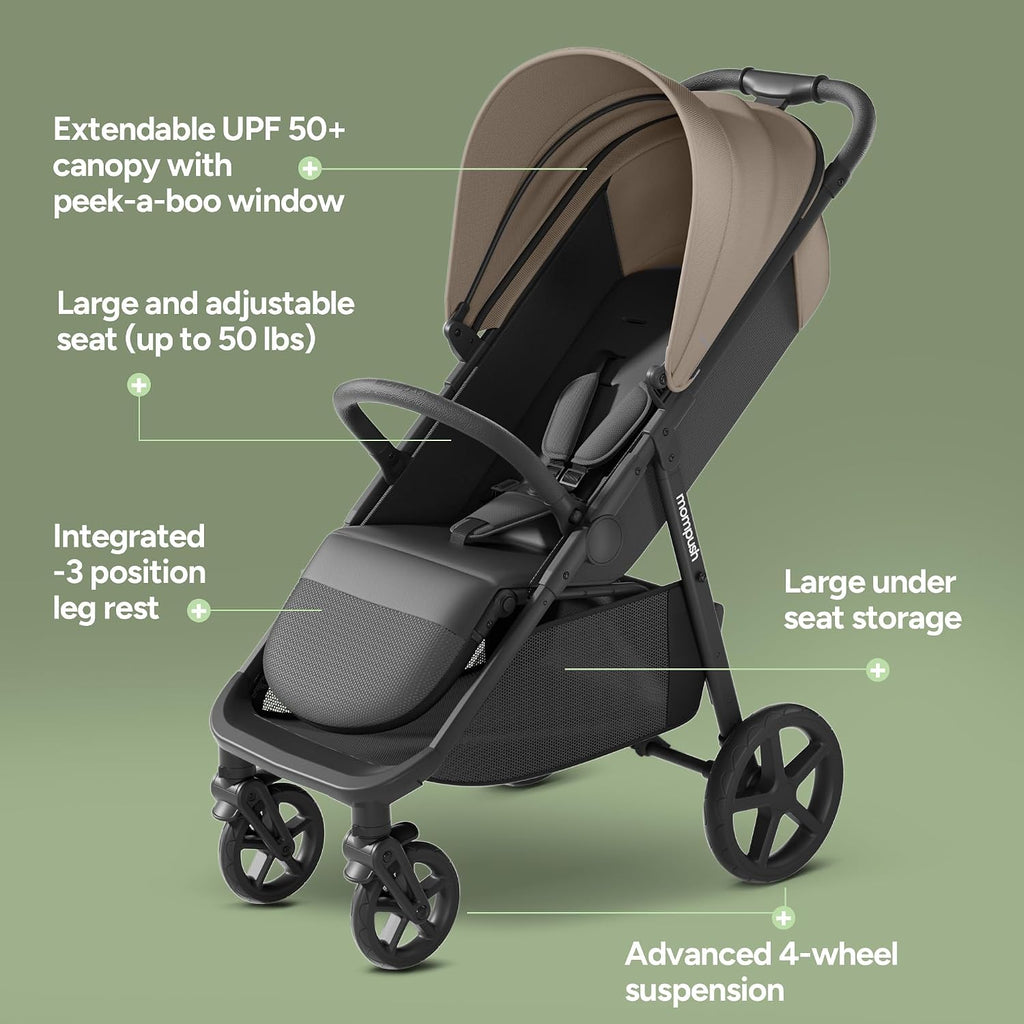 Mompush Nova Infant Baby Stroller for Newborn to Toddler, Oversized Seat up to 50 lbs, All-Terrain 10' Wheels & Suspension, One-Hand Fold; Lie-Flat Mode; UPF 50+ Canopy