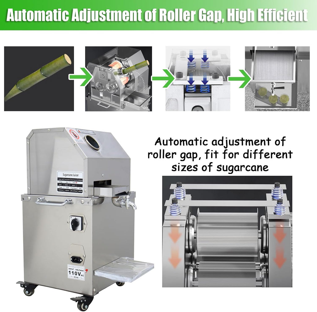 INTBUYING 800W Electric Sugarcane Juicer Sugar Cane Press Machine with 3 Stainless Steel Rollers 660LBS/H Output 2 Peelers Sugarcane Juice Extractor Squeezer on Wheels for Home Commercial Juice Shops