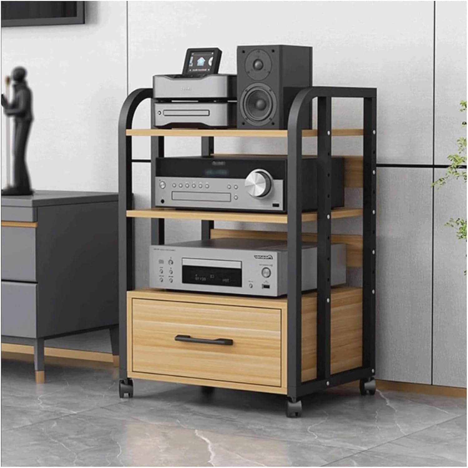Audio Rack 2/3/4 Tier Stereo Rack Audio Equipment Rack Audio Open Rack Cabinet Wooden with Drawer AV Stand with Adjustable Shelves(Natural,79cm)
