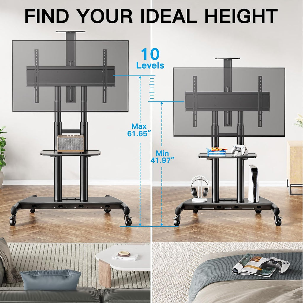 PERLESMITH Mobile TV Stand for 55-90 Inch Flat/Curved Screen TV Max VESA 800x500mm Outdoor TV Cart with Height Adjustable AV Shelf- UL Certificated Rolling Floor TV Stand Holds up to 200Lbs (PSTVMC07)