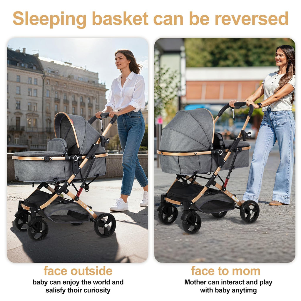 2 in 1 Baby Stroller Newborn Stroller Foldable Convertible Infant Stroller Pushchair Folding High Landscape Infant Carriage,Toddler Pushchair Gray Baby Stroller