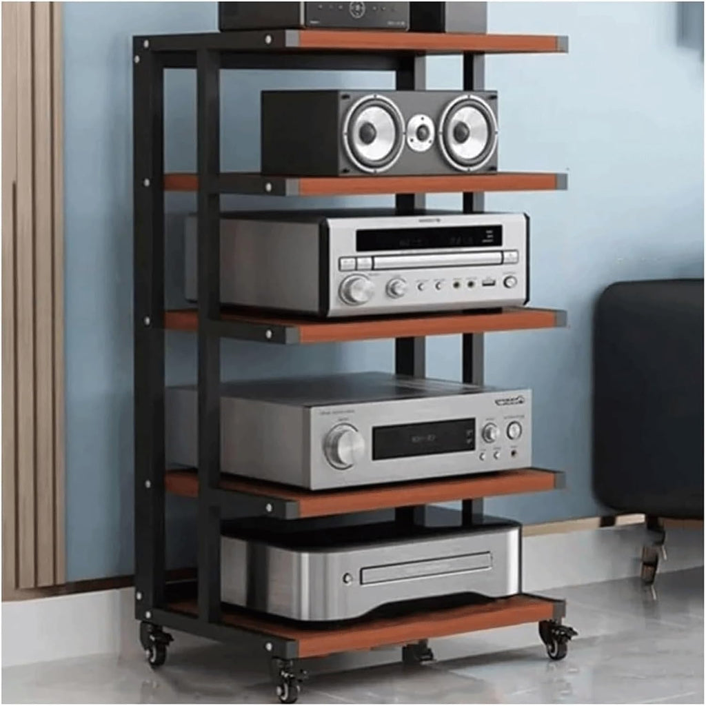 Audio Rack Open Stereo Rack Audio Equipment Rack Audio Movable Stereo Shelf Wood with Wheels HiFi Rack Audio-Video Shelving HiFi Rack(Rot,5 Tier)