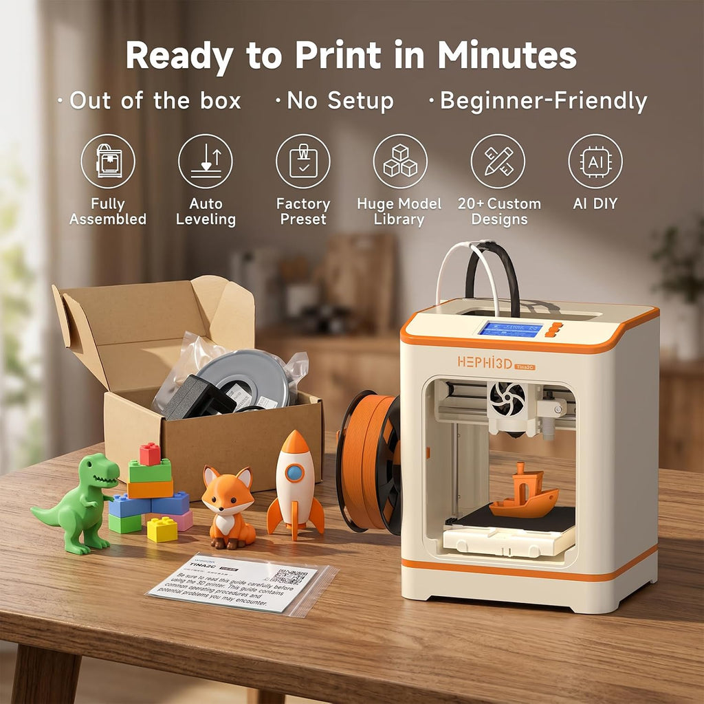 HEPHi3D TINA2C 3D Printer with WiFi Cloud Print, Fully Assembled Mini 3D Printer for Beginners and Kids, Auto Leveling, 2500+ Models APP Control 3D Printers Fully Open Source for Home, School, Office