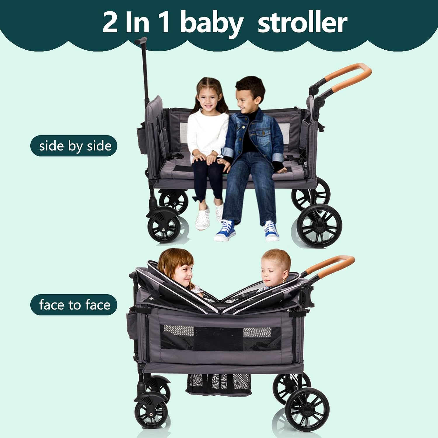 Luxury Wagon Stroller for 2 Kids & Cargo-Lightweight Foldable Travel Push Pull All-Terrain Double Wagon for Newborn&Toddler with 5-Point Harness,Adjustable Handle, Canopy,Tray Table,Cup Holder