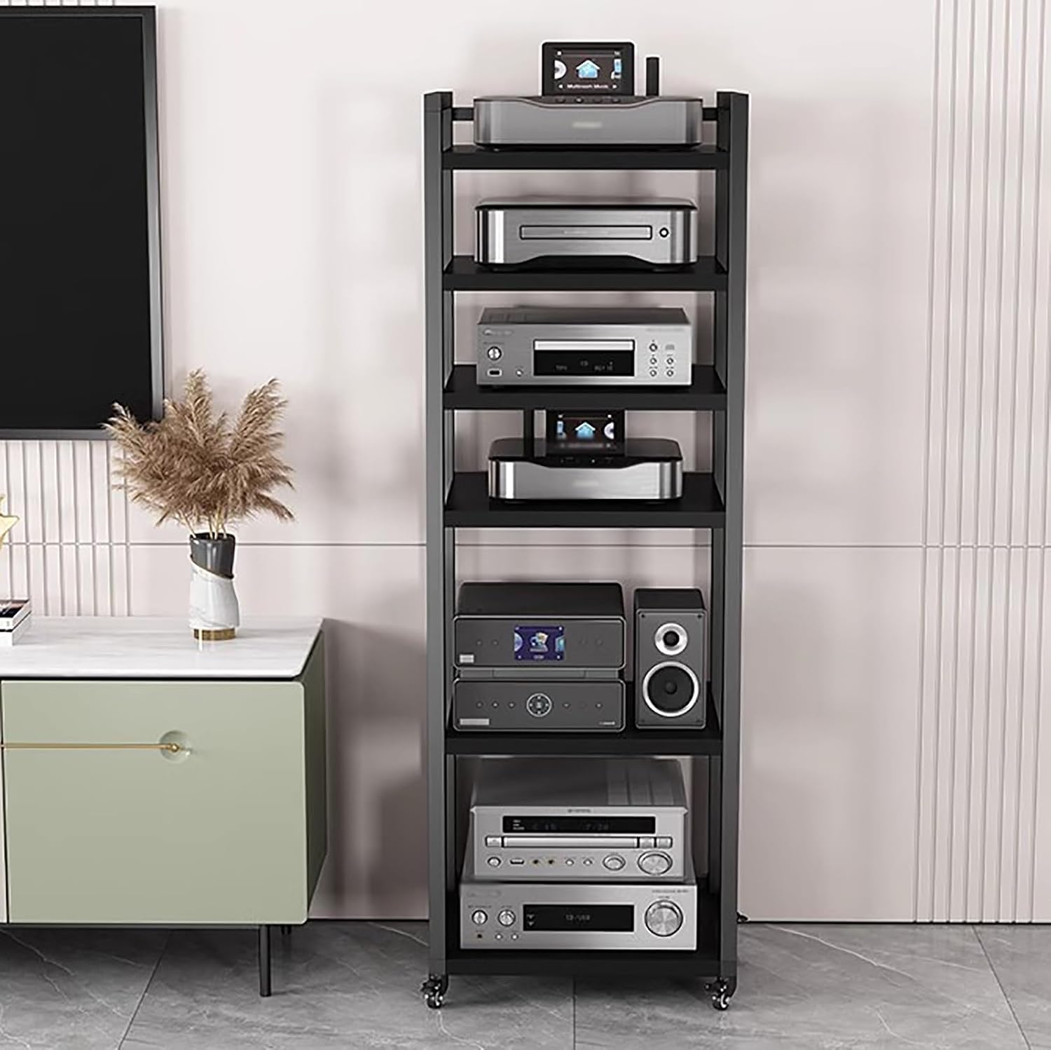 Tall Stereo Racks And Stands on Wheels Media Storage Cabinet Rack, Black Modern Entertainment Stereo Components Stand, Audio Video Equipment Rack（6 tier-60cm wide）