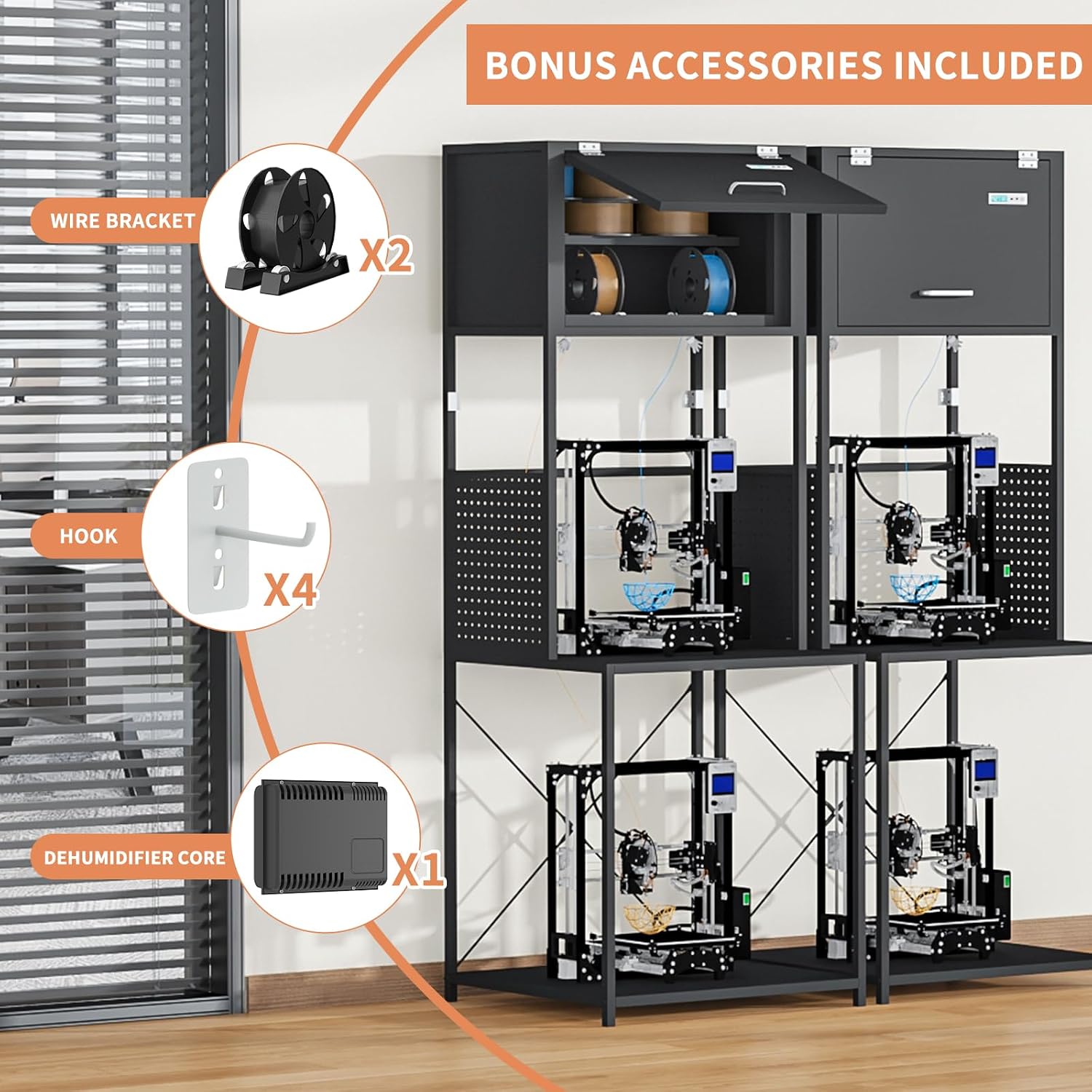3D Filament Dehumidify Storage 3D Printer Stand | 3-Tier All-in-One Organizer with Built-in Dehumidifier, Dual Spool Holders & Tool Mounts | for Moisture-Sensitive Filament