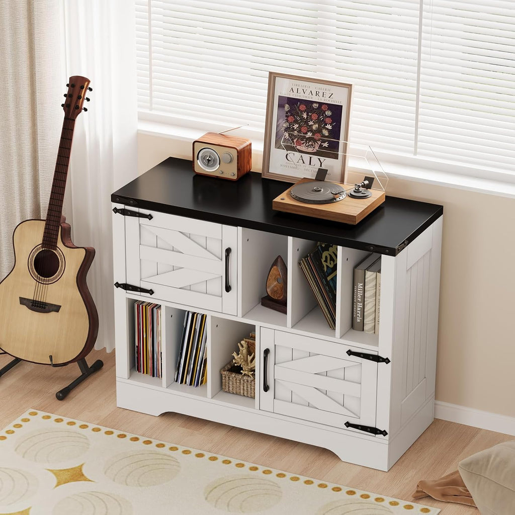 GarveeHome 39in Large Vinyl Record Storage, Farmhouse Wood Turntable Record Player Stand with Storage Cabinet and 2 Barn Doors for Living Room Bedroom, White