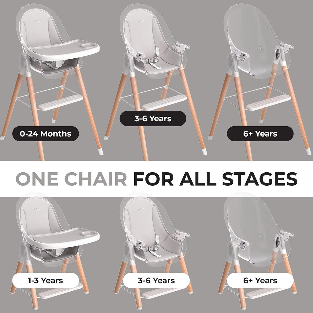6 in 1 Deluxe Wooden High Chair for Babies & Toddlers, Modern Safe & Compact Baby Highchair, Easy to Clean & Assemble Removable Tray & Cushion, 6 Options 3 Seat Positions 2 Heights