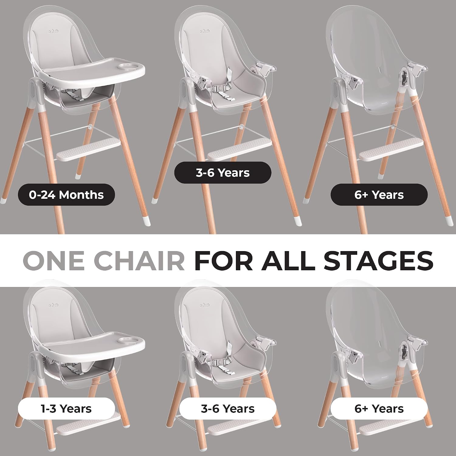 6 in 1 Deluxe Wooden High Chair for Babies & Toddlers, Modern Safe & Compact Baby Highchair, Easy to Clean & Assemble Removable Tray & Cushion, 6 Options 3 Seat Positions 2 Heights