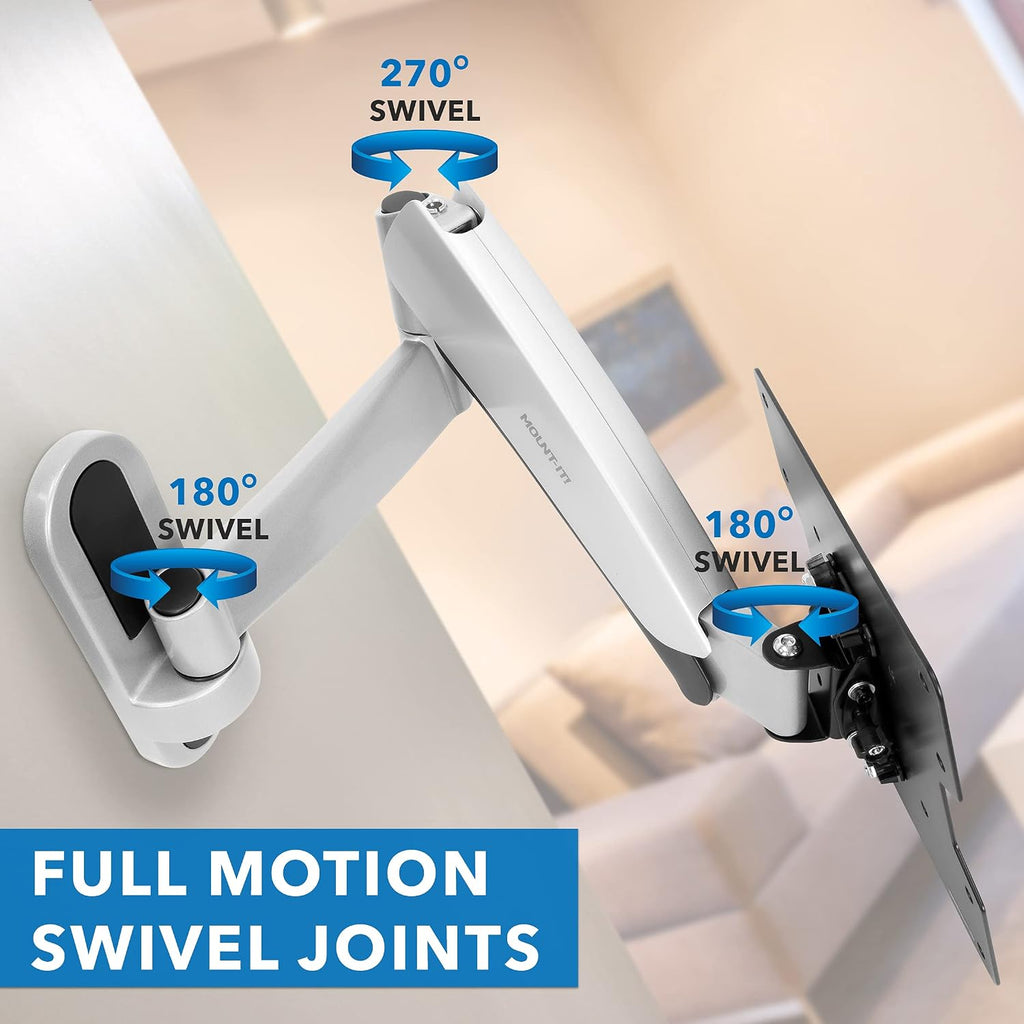 Mount-It! Full Motion Gas Spring TV Wall Mount for 25–55 Inch LED LCD OLED Flat Screen TVs | Height Adjustable 13.5' Articulating Arm | VESA 100x100 to 400x400 | 44 lb Capacity | Single Stud | Silver