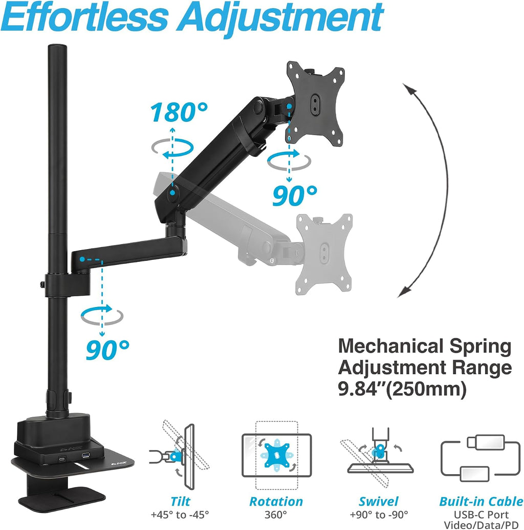 AVLT Single 40 Inch Monitor Arm Pole Top Mount with USB-C&A Ports-Black, Supports 26.4 lbs (12kg), Ultrawide Screen Fit, VESA Compatible, Tilt, Swivel, Rotate, Ergonomic Adjustable Height, Durable