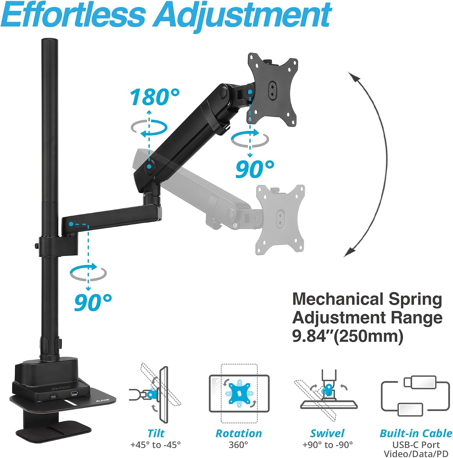 AVLT Single 40 Inch Monitor Arm Pole Top Mount with USB-C&A Ports-Black, Supports 26.4 lbs (12kg), Ultrawide Screen Fit, VESA Compatible, Tilt, Swivel, Rotate, Ergonomic Adjustable Height, Durable