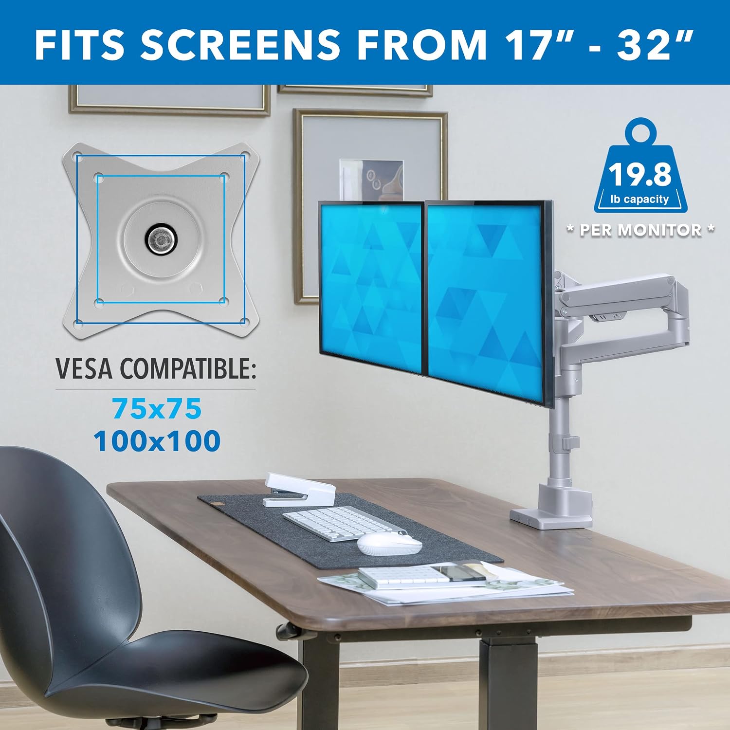 Mount-It! Dual Monitor Mount - Monitor Stands for 2 Monitors, Computer Arms on Desk Stand, Gas Spring Height Adjustable Desk Mount in Silver, VESA 75, 100 Fits Screens Up to 32', Silver Color