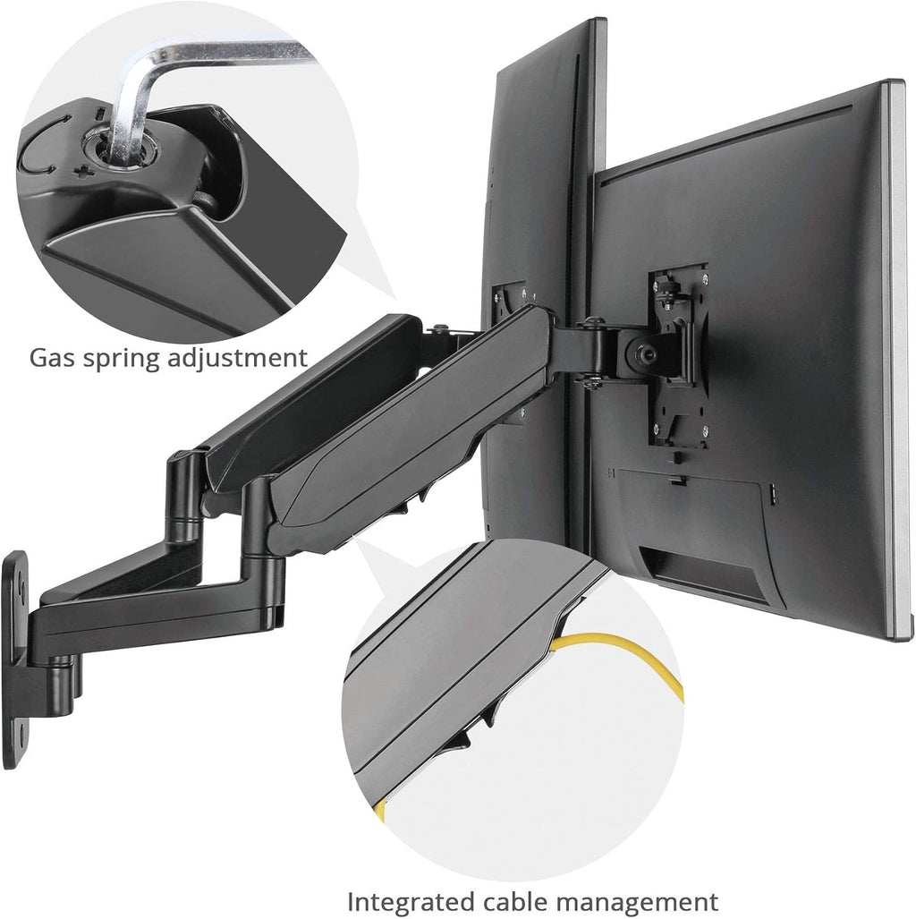 SIIG Dual Arm Monitor Wall Mount for 17' to 32' Screens, Up to 17.6lbs per Monitor, Heavy Duty Aluminum Gas Spring with Rotation, Tilt, Swivel, VESA 75x75 or 100x100 (CE-MT2M12-S1)