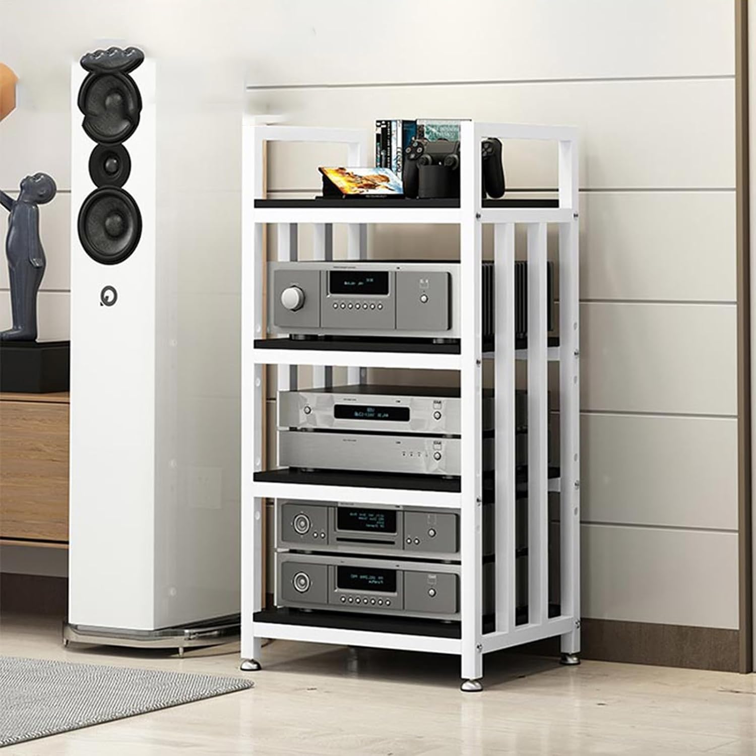 4-Tier DVD CD Player Stand - Wooden AV Media Cabinet for Home/Office/Theater - Stereo Equipment Rack, Amplifier Storage, Audio Video Component Organizer