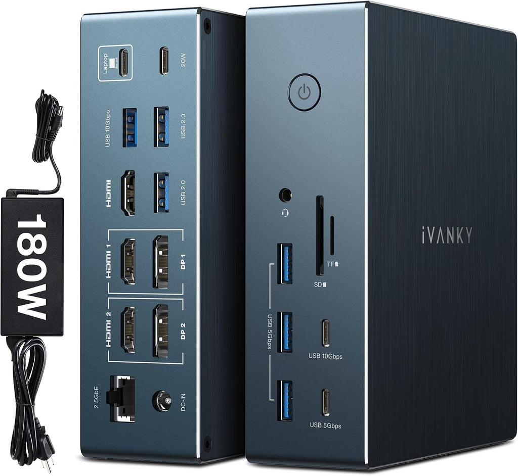 iVANKY 20-in-1 DisplayLink Docking Station 3 Monitor for Window and MacBook Pro/Air, Triple 4K@60Hz Display for M5/M4/M3/M2/M1 MacBook/Windows, 180W Power, 2.5GbE, HDMI, DP, 10Gbps, Driver Needed