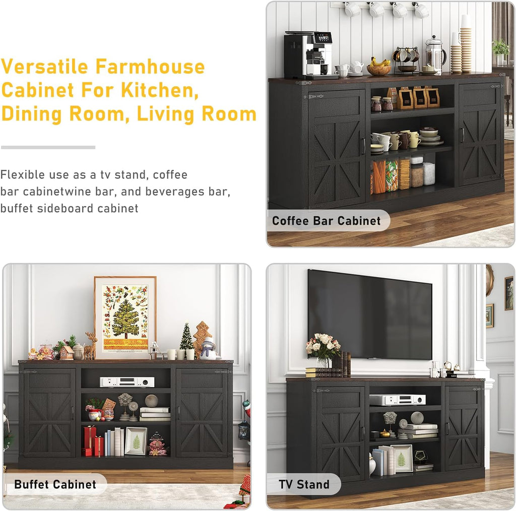 Hlivelood 66' Farmhouse TV Stand with Power Outlets for 75 Inch TVs, 33' Tall Entertainment Center with Storage Cabinets w/Adjustable Shelves, Rustic Large TV Media Console for Living Room, Black