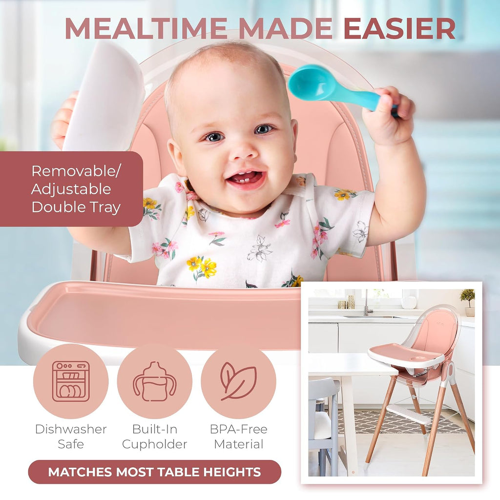 High Chair by Children Of Design Non-Reclinable 6 in 1 Baby Highchair for Babies and Toddlers, Modern wooden, Easy to Clean, Removable Tray and Cushion