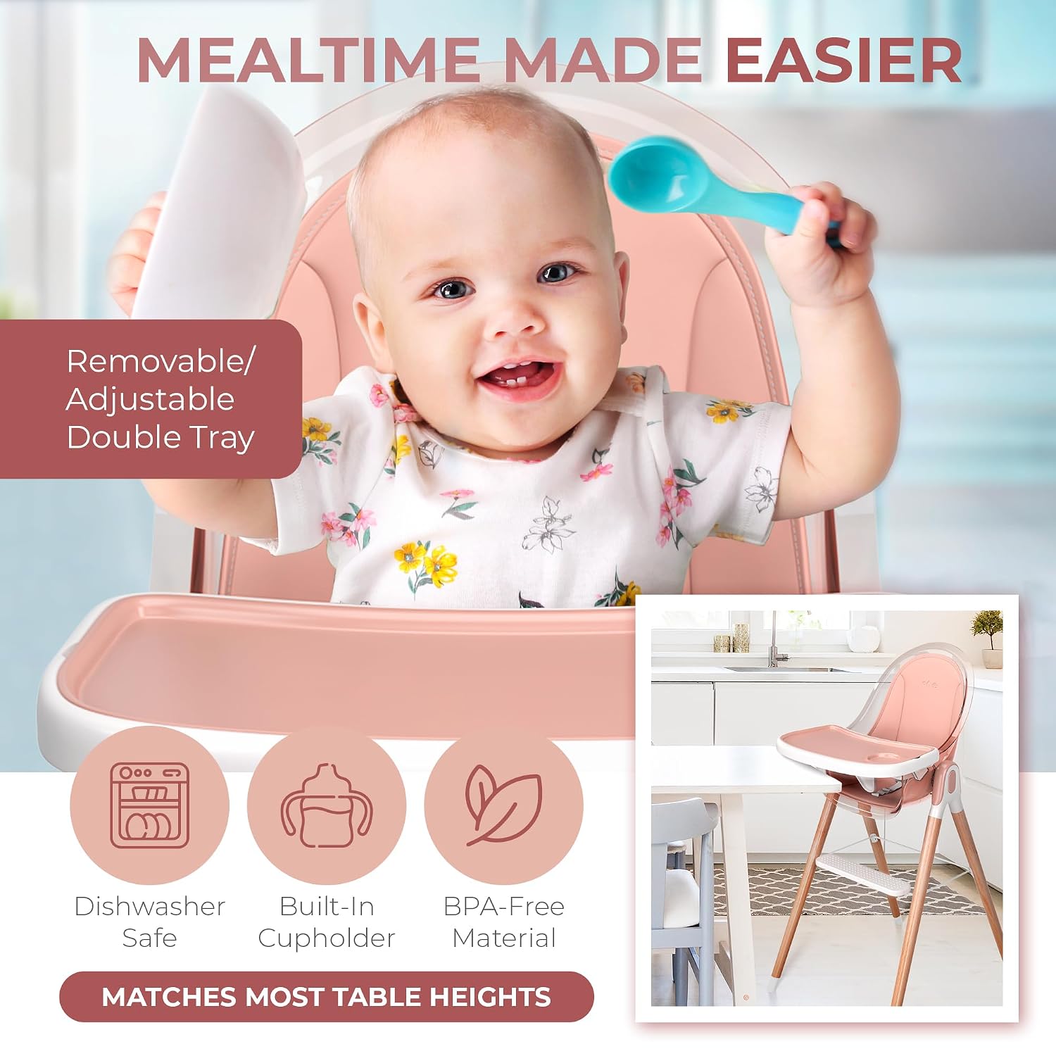 High Chair by Children Of Design Non-Reclinable 6 in 1 Baby Highchair for Babies and Toddlers, Modern wooden, Easy to Clean, Removable Tray and Cushion