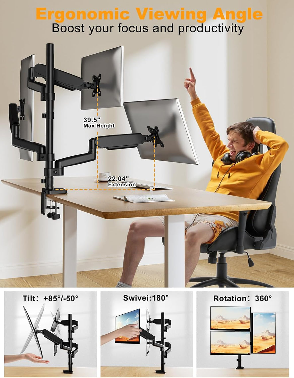 Triple Monitor Mount for 13-32 Inch Screens, Gas Spring Adjustment Triple Monitor Stand Holds 17.6lbs per Arm, Tilt, Swivel, Rotation with Clamp & Grommet Kit, Max VESA 100x100mm FORGIGN Mount