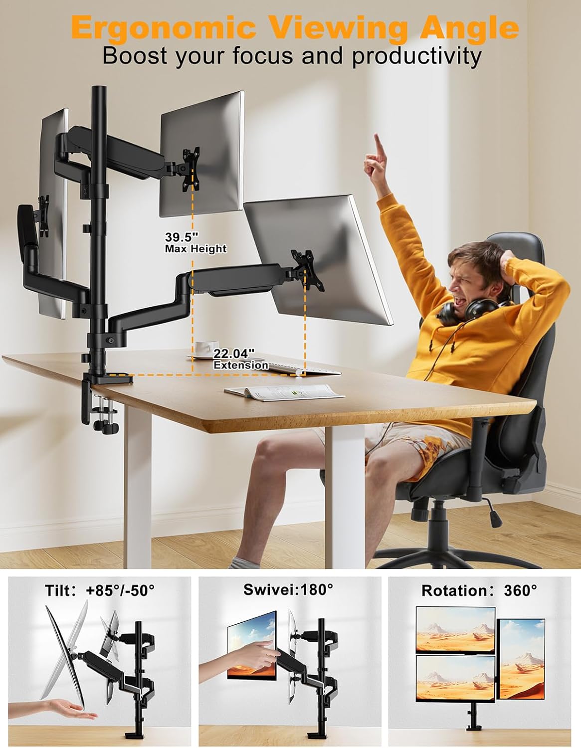 Triple Monitor Mount for 13-32 Inch Screens, Gas Spring Adjustment Triple Monitor Stand Holds 17.6lbs per Arm, Tilt, Swivel, Rotation with Clamp & Grommet Kit, Max VESA 100x100mm FORGIGN Mount