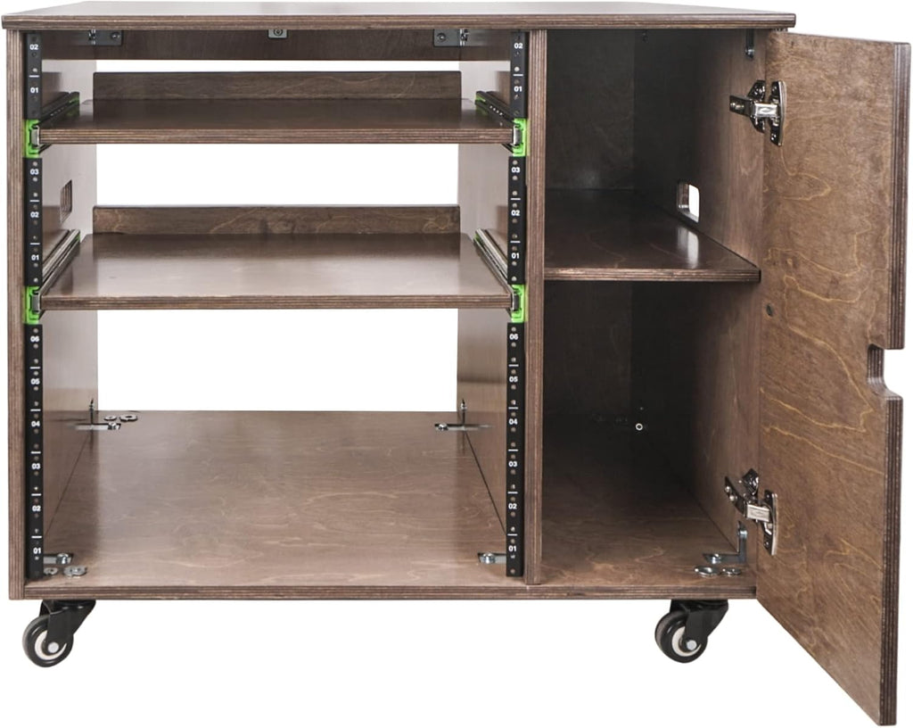 Sound Town DIY 11U Solid Baltic Birch Plywood Plywood Studio Rack with Slide-Out Trays, Cabinet, Casters, Weathered Brown, for Recording Room, Home Studio (SDRK-CR11B)
