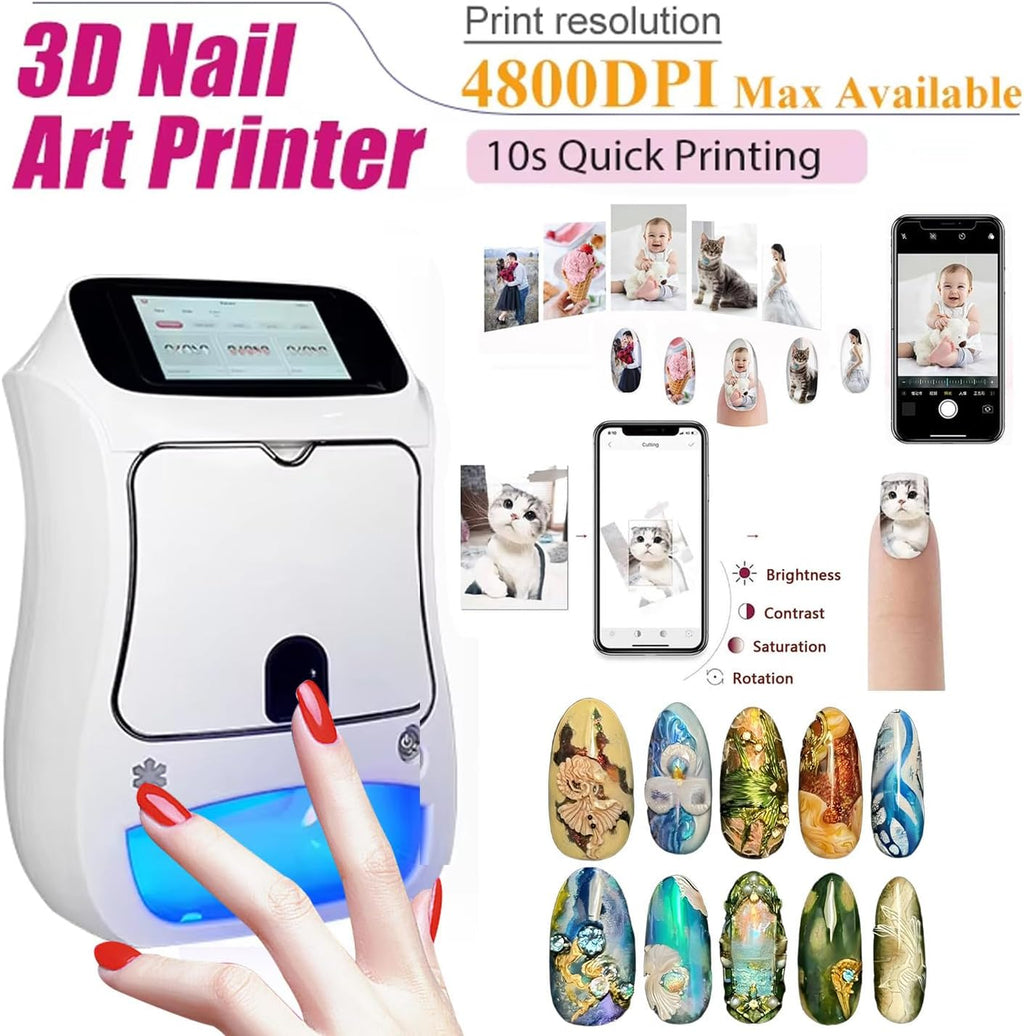 Smart 3D Nail Art Printer Machine with 5' Touchscreen & App Control, 4800DPI High-Resolution, Auto Nail Shape Recognition, 3000+ Designs, DIY Custom Printing Kit for Home & Salon Printer